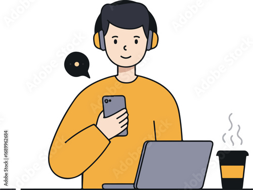 Young adult multitasking with headphones, laptop, and phone, perfect for technology, communication, remote work, and digital lifestyle concepts.
