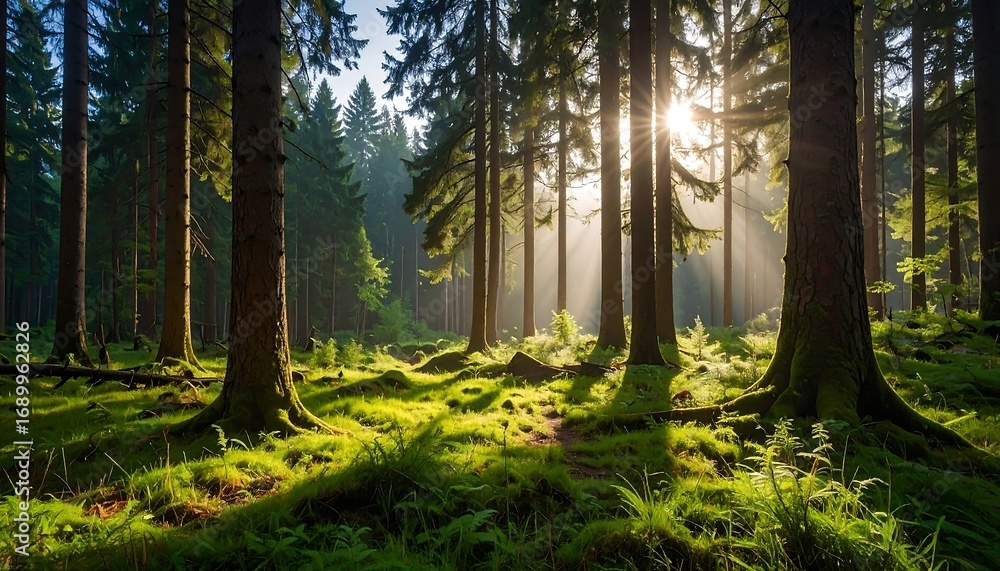Obraz premium Sunlight streams through a dense forest (3)