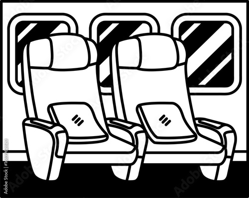 black and white illustration of an airplane seats on the plane