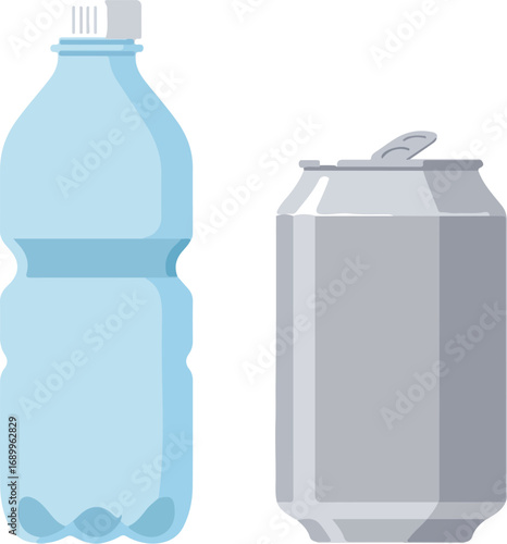 Blue water bottle and silver soda can for hydration brands, health and fitness promotion, summer advertising, and refreshing beverage concepts.
