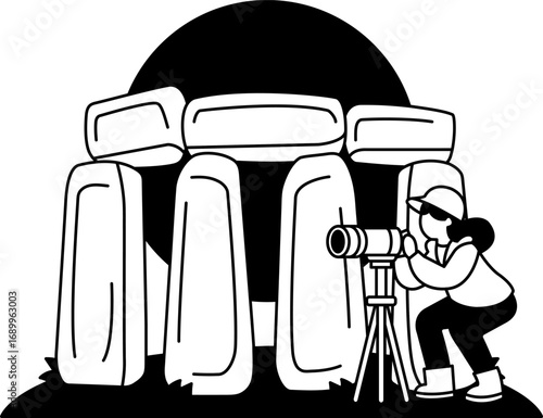 black and white illustration of A girl is taking a picture of a Stonehenge