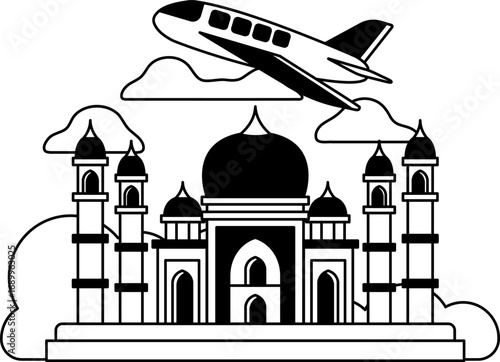 black and white illustration of A Flight to Taj Mahal Tourism