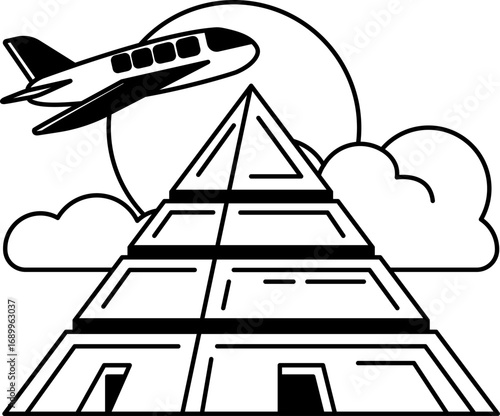 black and white illustration of A Flight to Egyptian pyramids Tourism