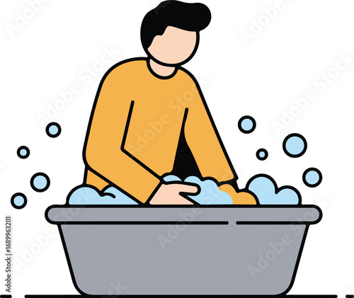 Person handwashing clothes in foamy water in a basin. Suitable for laundry, household chores, cleaning, hygiene, sustainable living, and water conservation concepts.