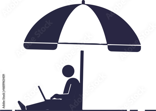 Stick figure with a laptop under a beach umbrella, ideal for vacationthemed designs and summer campaigns. Perfect for travel websites.
