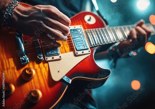 Close-up image of a person playing a sunburst electric guitar under vibrant stage lighting, showcasing fingers on the strings and a lively musical atmosphere