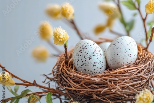 close-up of two speckled eggs resting in a woven bird nest surrounded by delicate yellow flowering branches, evoking a sense of calm and new beginnings