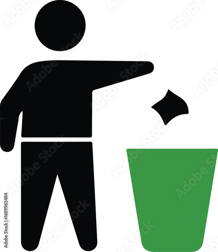 Person throwing trash into a green bin sign, suitable for ecofriendly and waste management concepts, cleanliness campaigns, environmental education materials.