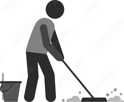 Person mopping floor next to bucket, suitable for cleaning service, janitorial business, household chores, cleanliness concept, hygiene promotion purposes.