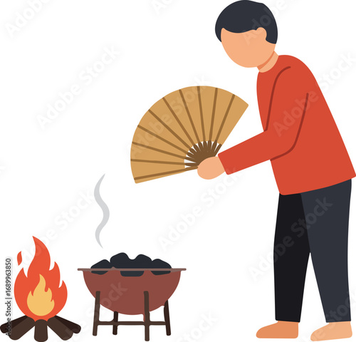 Person fans charcoal in a barbecue with a fan near fire. Suitable for summer bbqs, grilling, cooking, outdoor activities, fire safety tips.