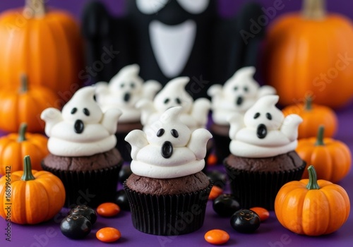Spooky ghost cupcakes with mini pumpkins and candy on a purple background