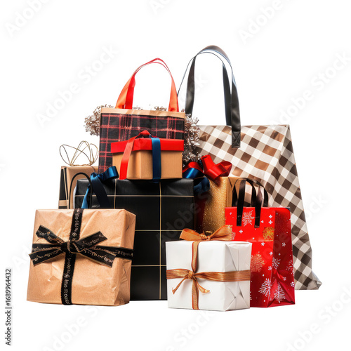 Gift bags and presents piled high.  Stacked wrapped gifts in various colors and patterns, nestled amongst patterned shopping bags with handles.  Holiday theme