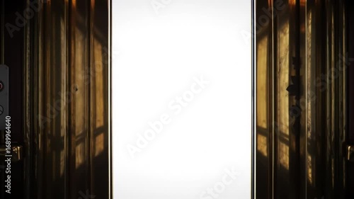 Elegant elevator doors with ornate floral designs reflecting light in a luxurious interior setting