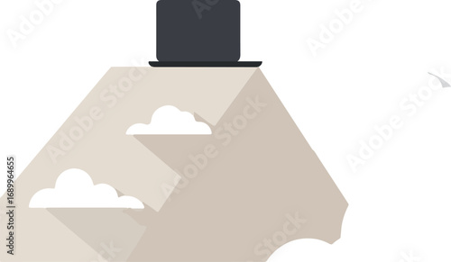 Mountain peak with clouds and a laptop perched on top, symbolizing remote work, natureinspired technology, or digital nomad nomad lifestyle.