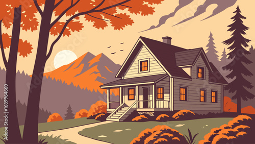 Idyllic Autumn Mountain Home with Warm Sunset and Scenic Landscape Illustration