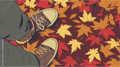 Autumn Stroll: Overhead View of Brown Canvas Shoes on a Vibrant Carpet of Red and Yellow Fallen Maple Leaves, Capturing the Essence of Fall Season