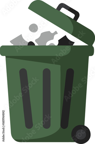 Green trash can full of paper and debris, symbolizing waste management, environmental issues, and recycling campaigns for business presentations or websites.
