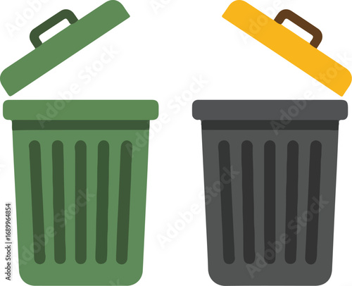 Two trash cans with open lids, green and gray, ideal for waste management or recycling concepts in environmentalthemed projects. Suitable for ecofriendly designs.