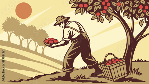 Farmer Harvesting Apples in Orchard, Vintage Rural Agriculture Illustration with Basket of Fresh Fruit