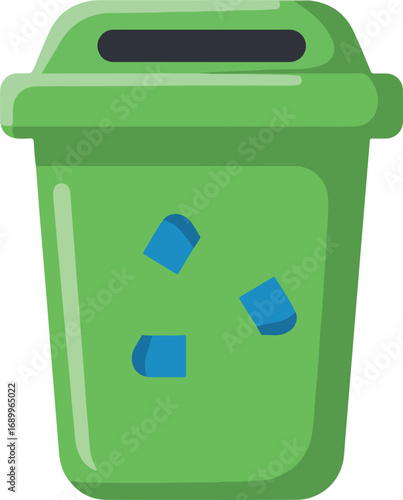 Green recycle bin with blue recycling symbol for ecofriendly concepts, waste management, recycling programs, sustainable living campaigns, environmental awareness designs.