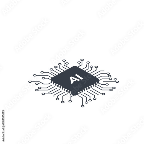 A stylized microchip with "AI" label, representing artificial intelligence technology.