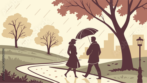 Romantic couple walking together under an umbrella in a rainy city park, serene urban landscape with trees and distant skyline - Flat vector illust...