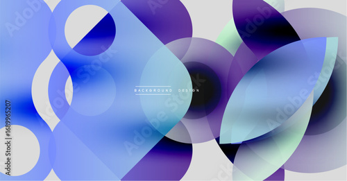 Abstract fluid shapes overlap, creating vibrant blue, purple gradients. Modern design suggests dynamic movement, soft textures.