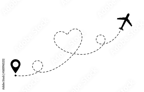Airplane makes heart in the sky. Valentine day symbol. Romantic route. Hearted airplane path drawing. Vector illustration