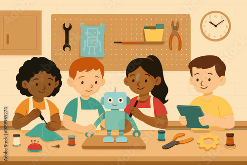 Flat vector illustration of students building a robot in a school workshop