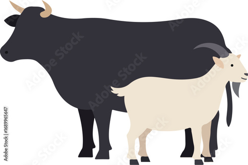 Black cow and creamcolored goat standing together in a farm setting, suitable for agricultural, animal, rural, and livestockrelated projects.