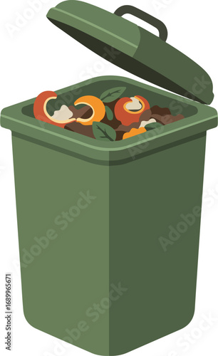 Green compost bin with food waste inside, environmentally friendly concept, composting at home, sustainable living, reducing food waste, ecofriendly lifestyle.