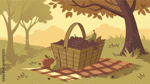 Warm Toned Picnic Basket with Fresh Fruit on Plaid Blanket in Tranquil Park Landscape Illustration