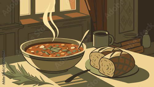 Cozy Autumn Meal: Steaming Soup, Fresh Bread, and Herbs by a Window in a Warm Illustrated Style