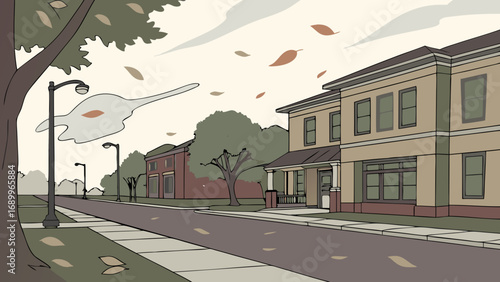 Quiet Autumn Suburban Street Scene with Blowing Leaves and Gusty Wind Illustration; Empty Neighborhood Road in Fall Season