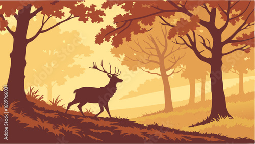 Majestic Stag in Golden Autumn Forest. Stylized Woodland Landscape with Deer Silhouette and Warm Sunlight.