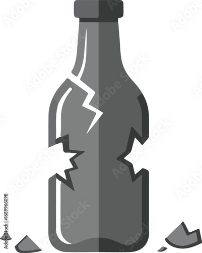Gray broken bottle with shards around its base. Suitable for designs related to accidents, danger, or recycling concepts. Glass pieces scattered on surface.