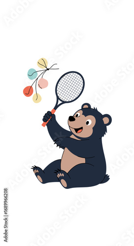 Cute cartoon bear holding a tennis racket with colorful balloons floating above its head for a fun celebration party