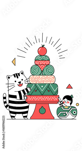 A happy cat and small girl building a festive stacked cake together with joyful decorations