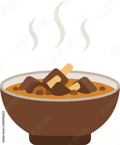 Simple illustration bowl steaming beef stew. Suitable for food blogs, recipes, cooking websites, restaurant menus, or culinary presentations.