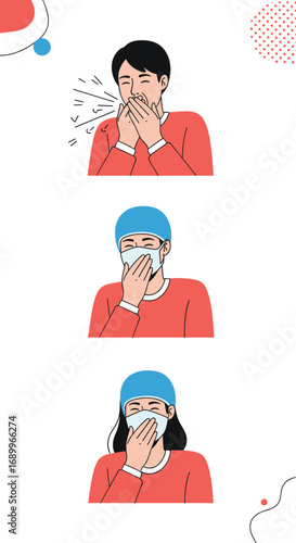 Visual guide demonstrating proper cough and sneeze etiquette for disease prevention and public health