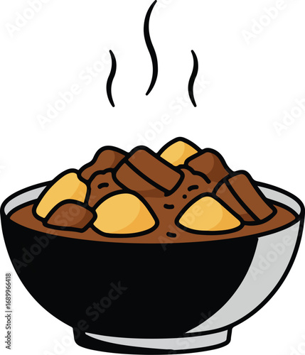 Steaming beef and potato stew in black bowl. Perfect for food blogs, menus, cooking websites, or recipe cards.
