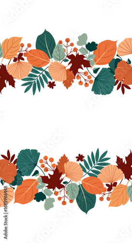 A beautiful collection of autumn leaves and berries adorning the borders of a white canvas evoking seasonal change