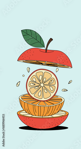 Vibrant stacked citrus fruits and apple slices artistic illustration