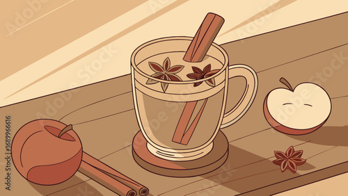 Cozy Spiced Apple Cider Mug with Cinnamon and Star Anise on Wooden Tabletop - Warm Autumn Drink Illustration