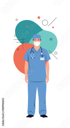 A healthcare professional wearing scrubs and a face mask stands confidently ready to help patients