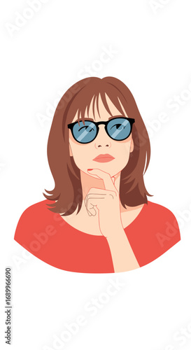 A thoughtful woman wearing sunglasses and touching her chin in contemplation pondering a difficult decision