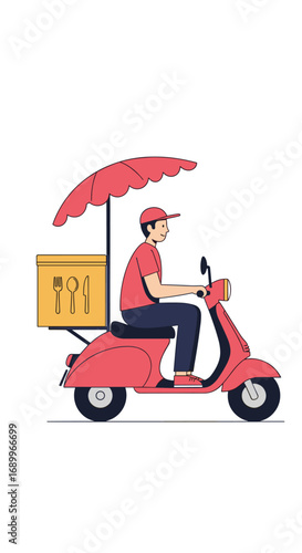Food delivery rider on a scooter with umbrella and food box illustration