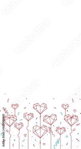 Festive diamond heart shaped balloons floating upward with colorful confetti shower celebration party decorations