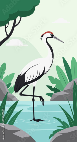 Majestic white crane standing gracefully in a serene natural habitat surrounded by lush greenery and rocky outcroppings