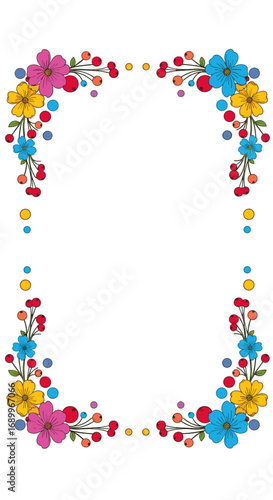 Decorative floral border with colorful blooms and berries accentuating a blank space for text or design elements
